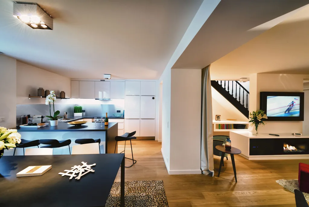 Cuisine et séjour d’Amazone 1, appartement meublé à Bruxelles