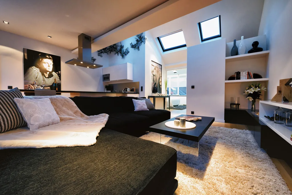 Open-plan living and kitchen area at Amazone 5, furnished apartment in Brussels