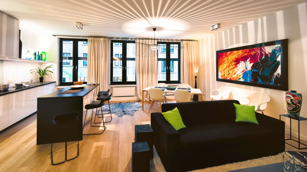 Living and dining room at Montagne 1 furnished apartment near Grand Place in Brussels