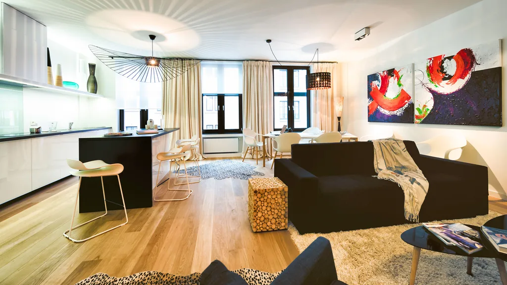 Open-plan living room at Montagne 2, furnished apartment in Brussels