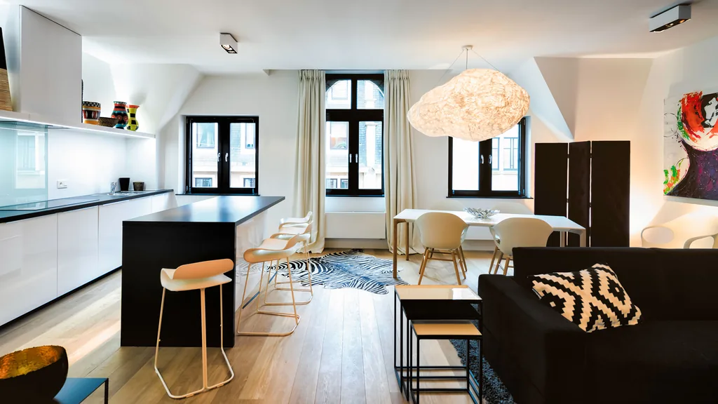 Open-plan living room at Montagne 4, furnished apartment in Brussels