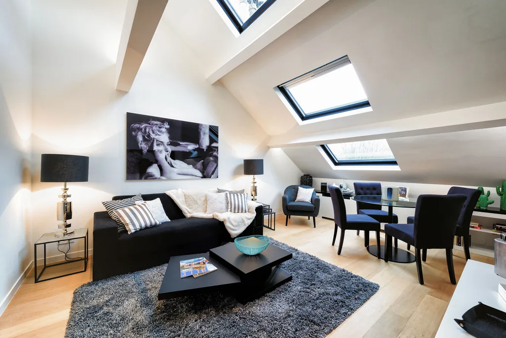 Mansard living room at Vleurgat 4, furnished apartment in Brussels